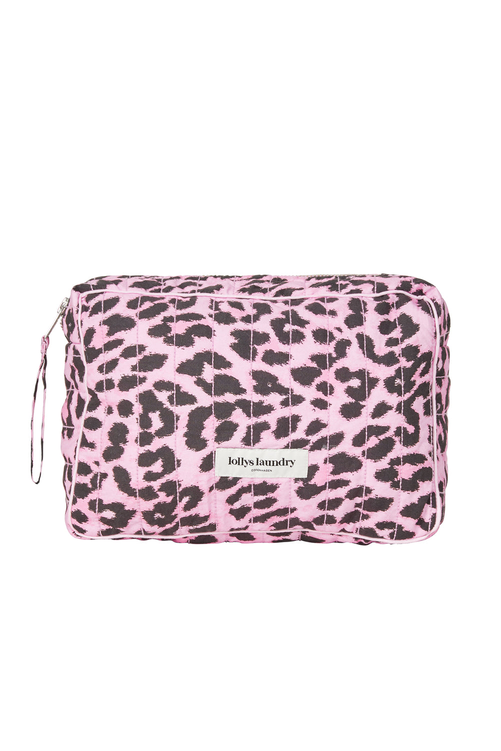 Pink toiletry bag with black leopard print pattern on a white background